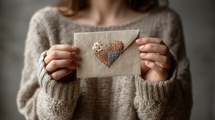 valentine day in patchwork style concept. A person holds a handmade envelope with a heart design.