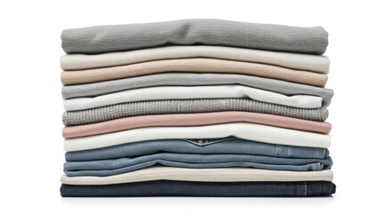 A neatly folded stack of various clothing items, including jeans and t-shirts, in a neutral color palette.