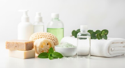 Shampoo and bathroom product on white background