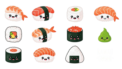 Kawaii Sushi Cartoon Characters Collection On Black Background