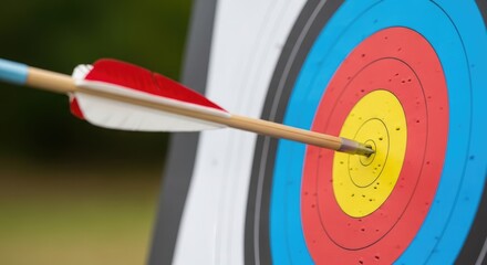 A red and white arrow with a blue tail is stuck in the center of a target with concentric rings of red, yellow, and blue colors.