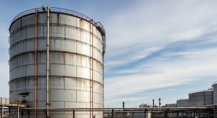 A large, cylindrical industrial storage tank with a rusted, metallic surface and a ladder on top, situated in an industrial setting with other industrial structures and equipment in the background.