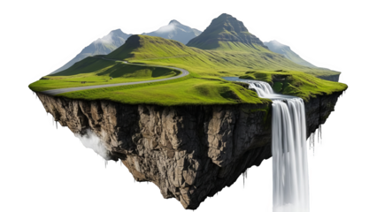 Surreal Floating Island Landscape With Waterfall And Green Mountains