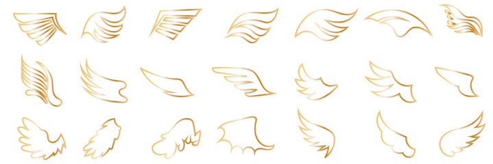 Gold angel wing silhouette icon . Collection of gold wing silhouettes showing different shapes and angles, ideal for design, tattoos, logos, and symbolic or fantasy concepts.

