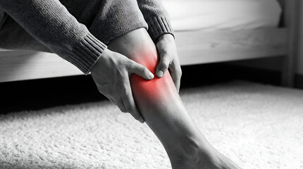 Close up black and white shot of hands holding painful calf with red color highlighting the exact spot of muscle inflammation and trauma