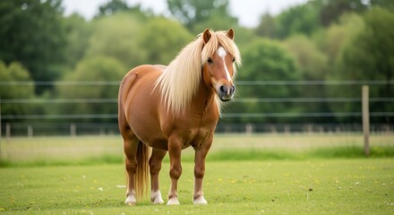 Fototapeta premium Brown horse standing in green pasture.