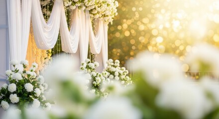 A wedding ceremony setup with white drapes and floral arrangements.