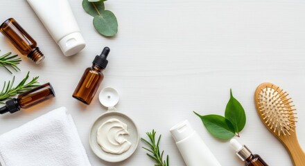 A white table with various skincare products and green leaves.