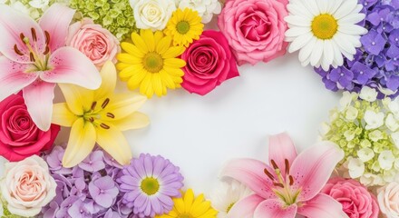 A colorful flower arrangement with pink, yellow, and white flowers, including lilies and daisies, on a white background.