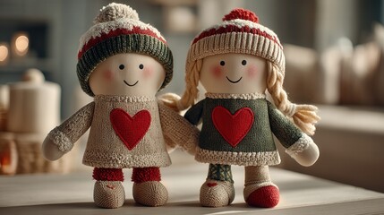 valentine day in patchwork style concept. Two handmade dolls with heart patterns and winter hats.