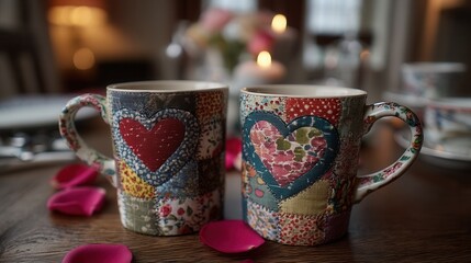 valentine day in patchwork style concept. Two decorative mugs with heart patterns and rose petals on a table.