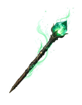 A detailed fantasy staff featuring a glowing green gem at its top, emanating spectral energy. The staff has intricate carvings