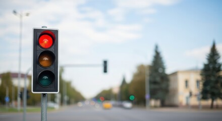 A traffic light with red, yellow, and green lights illuminated on a city street.
