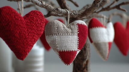 valentine day in patchwork style concept. Decorative hearts hanging on a bare tree branch.
