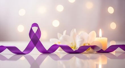 Purple ribbon, white flower, and lit candle on a white table with bokeh lights in the background.