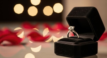 A diamond ring in a black box with red rose petals on a table with a blurred background.