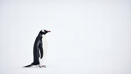 Obraz premium A lone Gentoo penguin stands on a vast expanse of snow and ice.