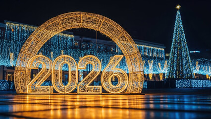 Festive outdoor decoration with illuminated large numbers 2026 and decorated Christmas tree at night with glowing lights background