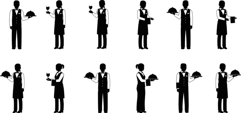 Waiter and waitress silhouettes set, restaurant service staff holding trays and wine glasses, professional hospitality vector illustration collection, for hotel dining industry