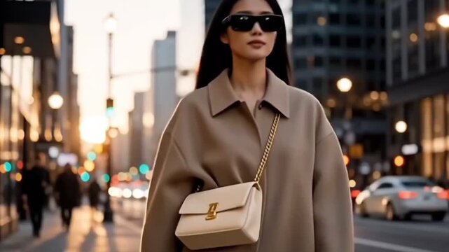 Stylish Asian Woman Walking on City Street at Sunset with Sunglasses and Handbag