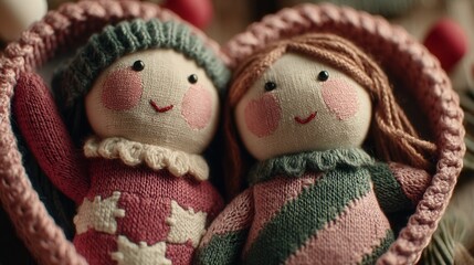 valentine day in patchwork style concept. Two charming dolls nestled in a heart-shaped basket.