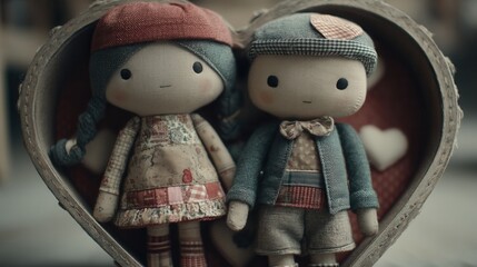 valentine day in patchwork style concept. Two handmade dolls inside a heart-shaped frame.