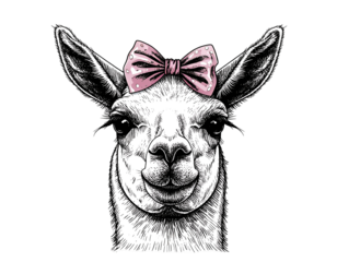 A detailed pen-and-ink illustration of a llama's face, smiling with a decorative pink bow atop its head