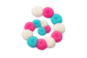 Colorful fluffy pompoms forming a spiral shape, cute handcrafted yarn textile decoration on transparent background
