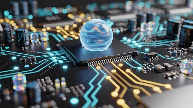 Abstract computer circuit board with glowing sphere element