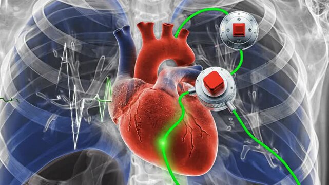 Medical illustration of human heart with pacemaker implant
