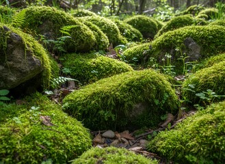 Fototapeta premium Lush Green Moss Covering Forest Rocks in Sunlit Woodland