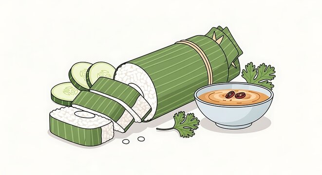 Lemang Illustration - Traditional Malaysian Rice Dish with Coconut Milk.