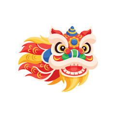 Fototapeta premium A colorful illustration of a lion dance mask with intricate designs and vibrant red, yellow, and blue patterns on a white background. Perfect for cultural festivals, educational materials,