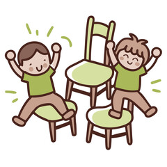 Cartoon happy children playing musical chairs vector illustration. Kids excitedly walking around the chairs vector illustration. Fun and childhood concept. Isolated on white ..