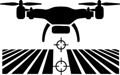 Black silhouette of a drone with propellers and landing gear flying over a runway with crosshairs targeting the ground from a bird's eye view