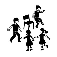 Cartoon happy children playing musical chairs vector illustration. Kids excitedly walking around the chairs vector illustration. Fun and childhood concept. Isolated on white ..