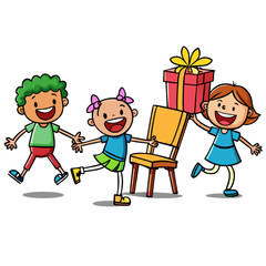 Cartoon happy children playing musical chairs vector illustration. Kids excitedly walking around the chairs vector illustration. Fun and childhood concept. Isolated on white ..