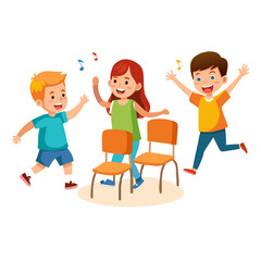 Cartoon happy children playing musical chairs vector illustration. Kids excitedly walking around the chairs vector illustration. Fun and childhood concept. Isolated on white ..