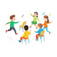 Cartoon happy children playing musical chairs vector illustration. Kids excitedly walking around the chairs vector illustration. Fun and childhood concept. Isolated on white ..
