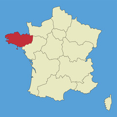 Obraz premium Map of Brittany on a vector map of France. Regions of France. Vector illustration.