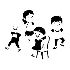 Cartoon happy children playing musical chairs vector illustration. Kids excitedly walking around the chairs vector illustration. Fun and childhood concept. Isolated on white ..