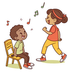 Cartoon happy children playing musical chairs vector illustration. Kids excitedly walking around the chairs vector illustration. Fun and childhood concept. Isolated on white ..