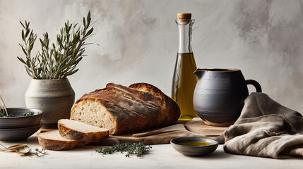 Artisanal bread and olive oil setup for rustic dining experience