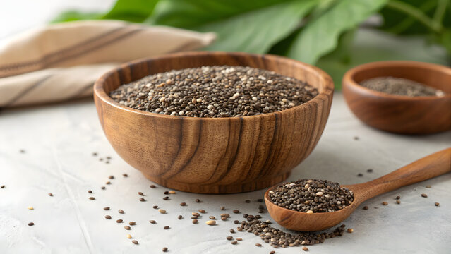 A wooden bowl and spoon filled with chia seeds on a table
a wooden bowl filled with chia seeds sits next to a small wooden bowl and a wooden spoon also filled with chia seeds on a white table with som