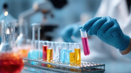 Doctor in Laboratory Analyzing Colorful Sample in Vial with Test Tubes and Equipment for Scientific Research