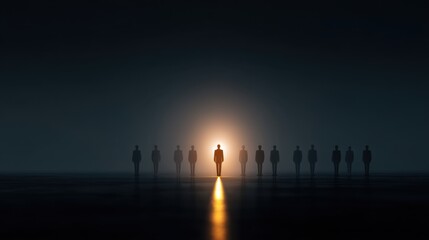 Obraz premium Illuminated Leader Surrounded by Shadows in a Corporate Scene with Dramatic Lighting and Soft Focus Background