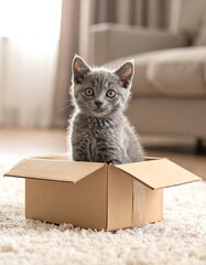 Adorable gray kitten sits happily inside a cardboard box