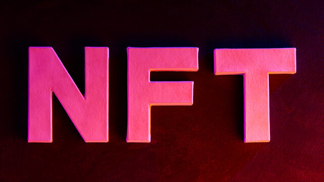 Pink Neon NFT Letters on Dark Gradient Background Crypto Art Concept - Powered by Adobe