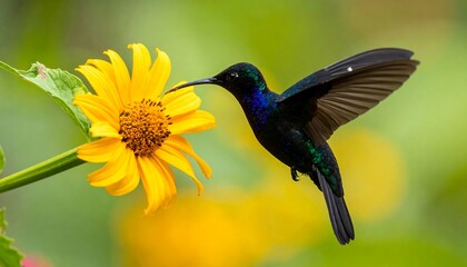 Obraz premium A vibrant hummingbird sips nectar from a bright yellow flower in a lush garden setting.