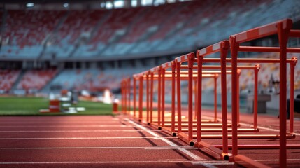 Empty Track with Lined Hurdles in a Stunning Stadium Ready for Athletic Events and Competitions